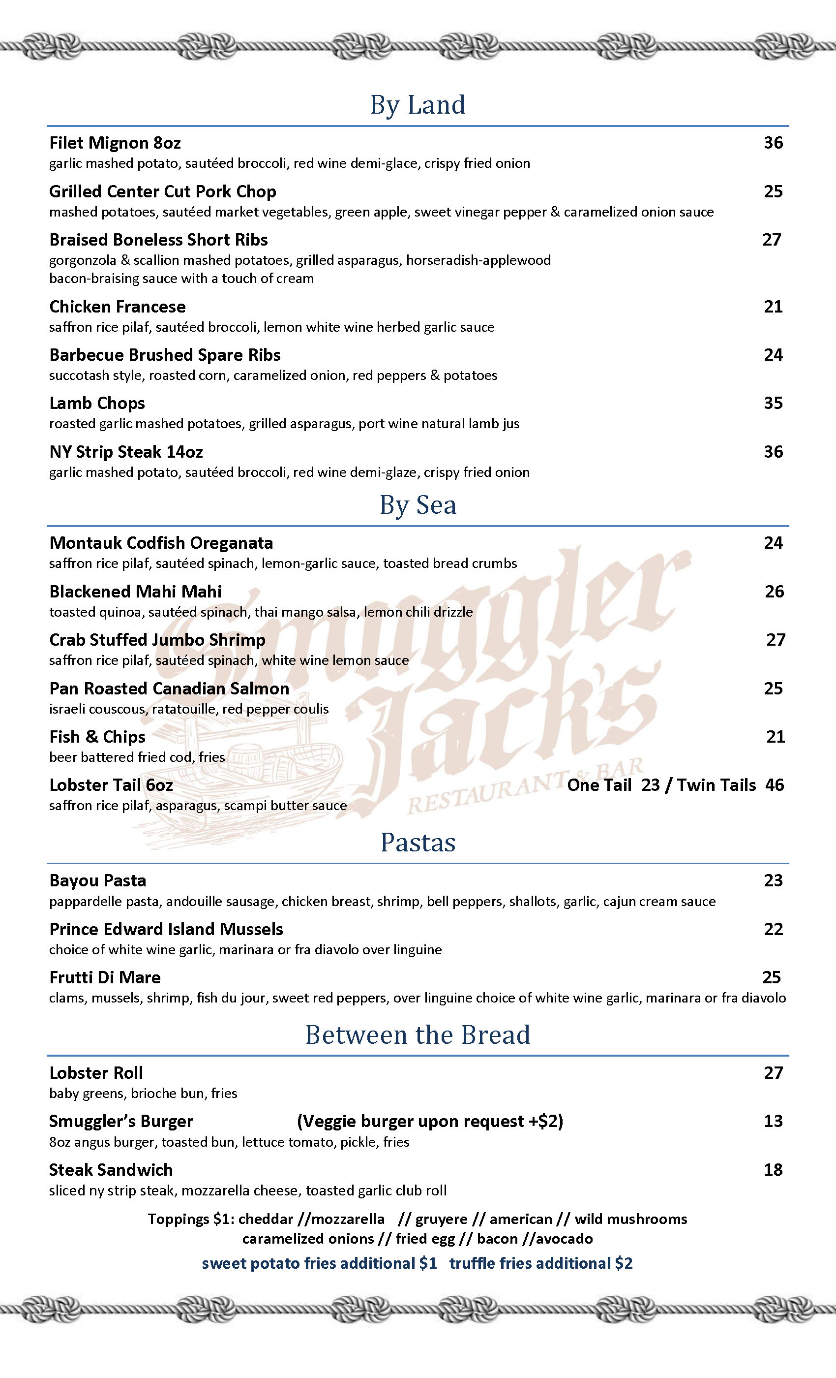 Dinner Menu Smuggler Jack's